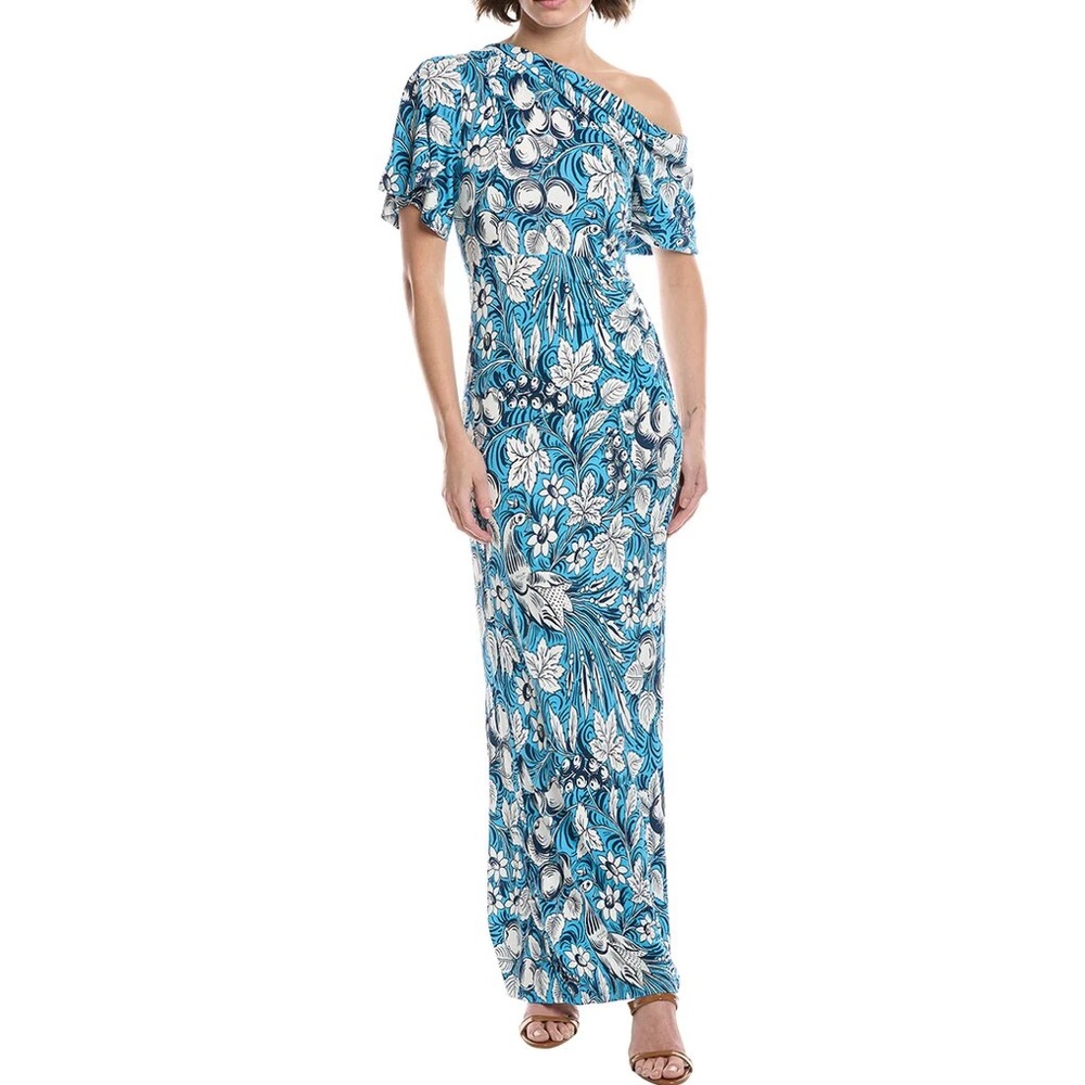 DVF DIANE VON FURSTENBERG Wittrock Blue White Floral One Shoulder Maxi Dress